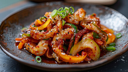 Delectable, fiery stir-fried korean octopus dish garnished with green onions, served on a traditional ceramic plate, showcasing asian cuisine