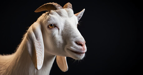 A close-up portrait of a majestic white goat with long, curved horns and a gentle expression, set against a dark background.