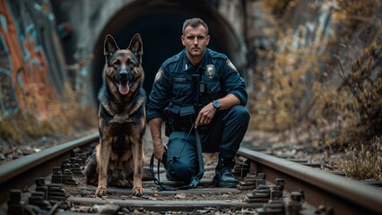 a police officer and his K-9 partner on a set of disused railway tracks.