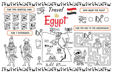 A fun placemat for kids. Printable “Travel to Egypt” activity sheet with a labyrinth and find the differences. 17x11 inch printable vector file
