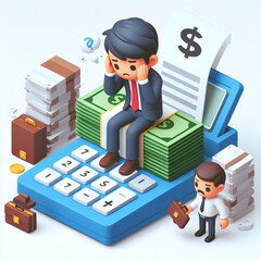 Business Professional Stressed by Cash Flow Problems�Financial Stress and Operational Challenges in 3D Flat Icon Cartoon Style