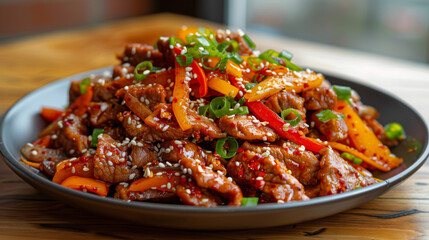 Fototapeta premium Korean pork stir-fry with bell peppers, green onions, and sesame seeds on a rustic wooden table
