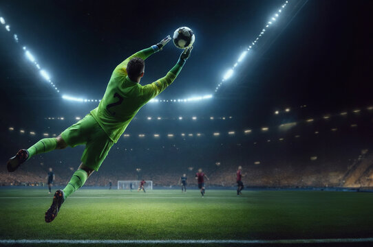 soccer goalkeeper catching a ball during a night game, photo realistic illustration