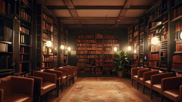 Cozy Library with Dark Wood Bookshelves, Leather Chairs, and Warm Lighting