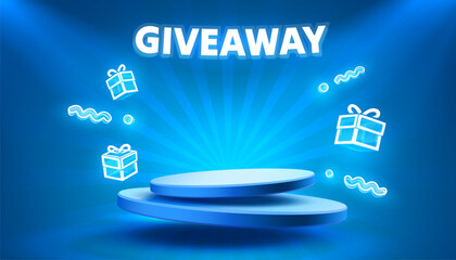 Giveaway neon podium, shop mega discount, special promo frame. Vector illustration