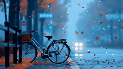 A serene scene of a bike parked on a city street during autumn, with orange leaves gently falling in the evening light