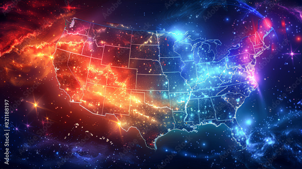 Wall mural llustrate a mystical orb hovering over a map of the usa, with each state highlighted in unique