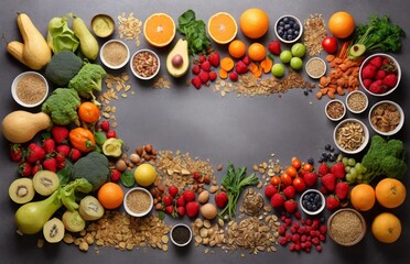 Healthy food clean eating selection: fruit, vegetable, seeds, superfood, cereal, leaf vegetable on gray concrete background