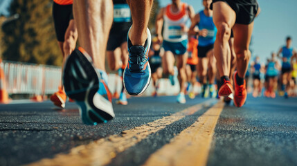 Fototapeta premium Marathon runners' legs and feet on the road showcasing the determination and vigor of fitness enthusiasts in a competitive race