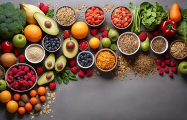 Healthy food clean eating selection: fruit, vegetable, seeds, superfood, cereal, leaf vegetable on gray concrete background