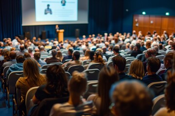 Engaged Audience Listening to a Keynote Speaker at a Business Conference