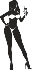 silhouette of a girl in a bikini with a cocktail in her hand.
