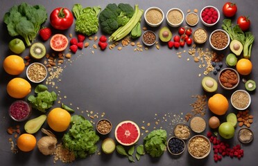 Healthy food clean eating selection: fruit, vegetable, seeds, superfood, cereal, leaf vegetable on gray concrete background