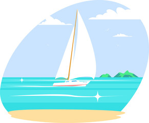 Seascape with beach and yacht with sails