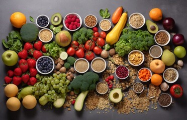 Healthy food clean eating selection: fruit, vegetable, seeds, superfood, cereal, leaf vegetable on gray concrete background