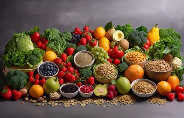 Healthy food clean eating selection: fruit, vegetable, seeds, superfood, cereal, leaf vegetable on gray concrete background