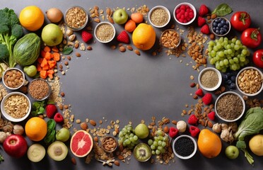 Healthy food clean eating selection: fruit, vegetable, seeds, superfood, cereal, leaf vegetable on gray concrete background