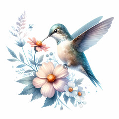 Naklejka premium watercolor painting image of hummingbird and flower 