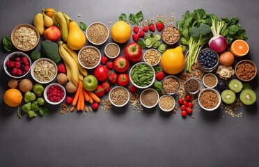 Healthy food clean eating selection: fruit, vegetable, seeds, superfood, cereal, leaf vegetable on gray concrete background