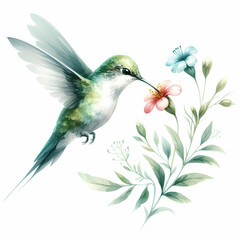 Naklejka premium watercolor painting image of hummingbird and flower 