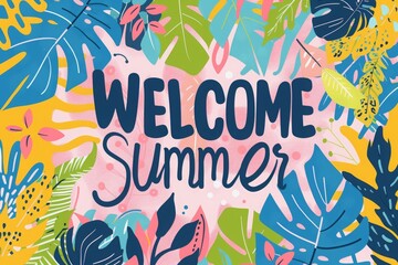  summer leaves and plants background vector presentation. summer background with the text "WELCOME Summer" 
