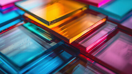 macro shot of a pile of glass plates in various neon colours and angles, 