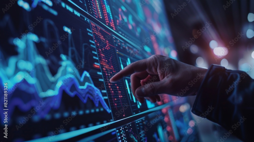 Poster financial advisor explaining stock market trends with a digital stock chart on a screen.