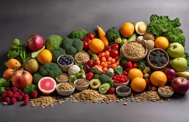 Healthy food clean eating selection: fruit, vegetable, seeds, superfood, cereal, leaf vegetable on gray concrete background