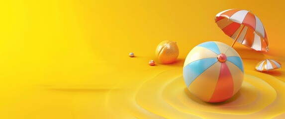 Hello Summer 3d text "Hello Summer" with a beach ball on a yellow background, design for a banner, poster or flyer and brochure mockup template in the style of a summer vacation concept.