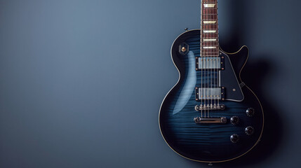 Award Winning National Geographic rule of thirds, photograph of a sleek electric guitar, minimalist, plain dark blue background, ultra realistic photo, right in frame The cool allu