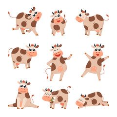 Funny cows. Farm animals, cute cow different poses cartoon characters. Emotional animal sleeping and has fun. Agriculture, farmland classy vector clipart