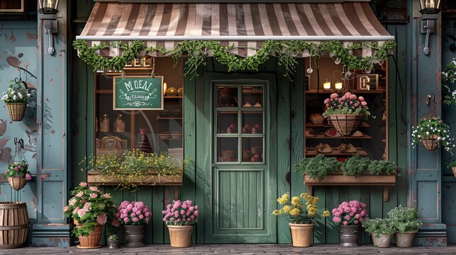 Charming Rustic Bakery Storefront with Vintage Signage and Blooming Flower Pots