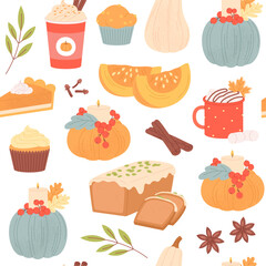 Autumn pumpkin seamless pattern. Tasty food, drinks and desserts. Pie slices, latte coffee and pumpkins decorations. Fall season racy vector background