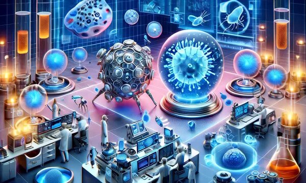 advanced nanotechnology. Microscopic machines and nanobots interact with cells, repair tissue, and manipulate molecular structures in a futuristic lab setting, showcasing innovative research