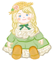 麦わら帽子を被った金髪で三つ編みのヘアスタイルのフランス人形