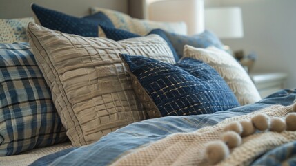 details of the bed, showing the textures and patterns of the blue and beige pillows and blankets generative ai