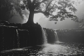 Obraz premium Foggy morning at Waterfall flat design front view serene atmosphere theme water color Black and White