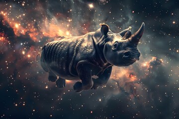 a rhinoceros soaring through the sky