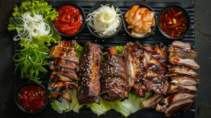 Sumptuous korean bbq feast featuring juicy meat slices, fresh veggies, and delicious traditional banchan accompaniments