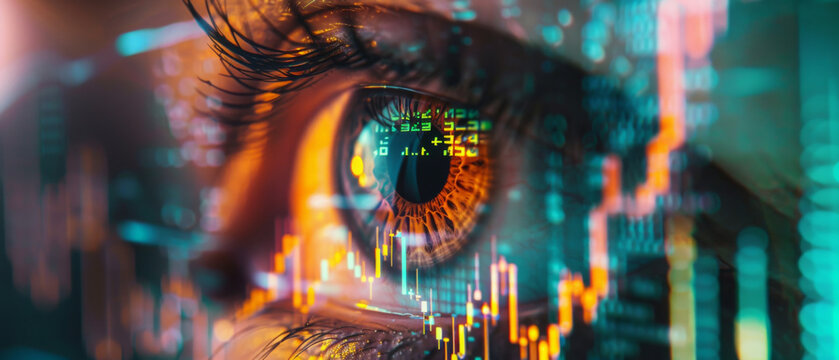 Award Winning Stock A close up of an analytical eye reflecting cryptocurrency charts and data, with a double exposure of digital binary code, symbolizing the meticulous analysis an