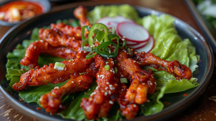 Korean fried chicken with spicy sauce, green onions, and sesame on a bed of fresh lettuce, a succulent delight