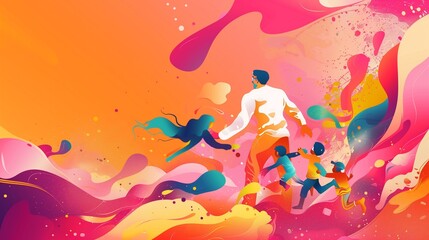 Abstract vector scene depicting a joyful father and children as colorful abstract forms, with a lively background of pink and orange, symbolizing love and warmth