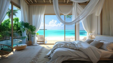 A bedroom with a view of the ocean
