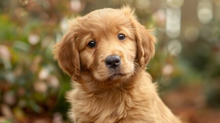 Fototapeta premium Fluffy golden retriever puppy with innocent eyes posing for the camera outdoors.