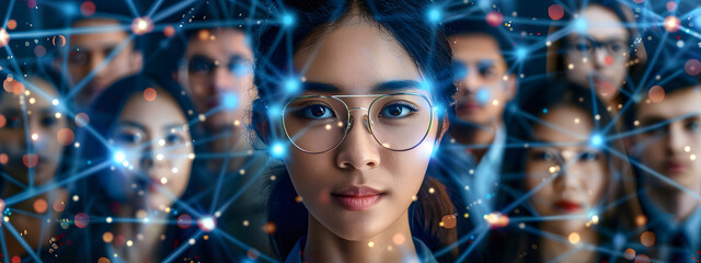 A woman with glasses is the center of a group of people