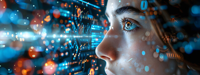 A woman's face is projected onto a computer screen, surrounded by a colorful