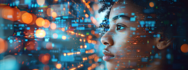 A woman's face is shown in a computer generated image with a city background