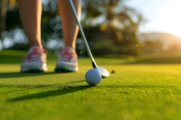 A woman is playing golf and has just hit a ball with her club