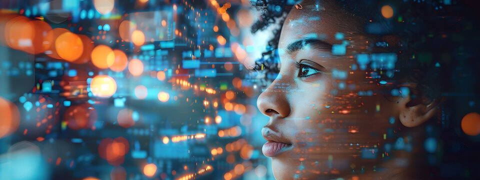 A woman's face is shown in a computer generated image with a city background