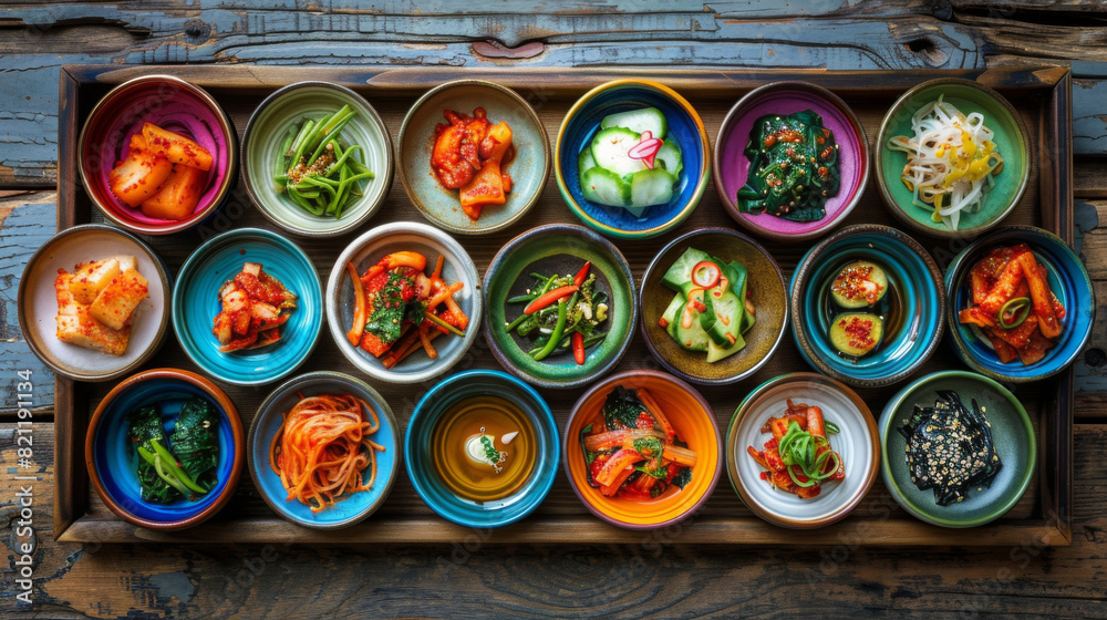 Wall mural top view of vibrant assortment of traditional korean banchan served in ceramic dishes on a rustic wo